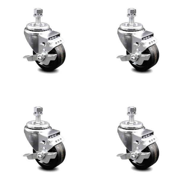 Service Caster 3 Inch Phenolic Wheel Swivel 1/2 Inch Threaded Stem Caster Set with Brake SCC SCC-TS20S314-PHR-TLB-121315-4 - main